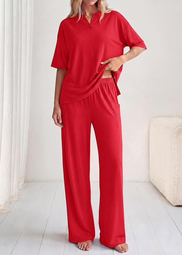 KIRUNDO Womens 2 Piece Matching Lounge Set Airport Travel Vacation Summer Outfits Oversized Short Sleeve Tops Wide Leg Pants