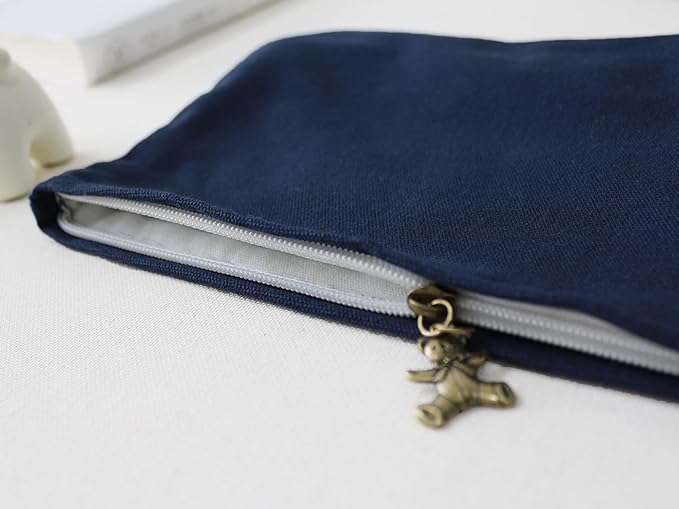 HAPPYHEIDI Canvas Pouch Cosmetic Bag, Tote Organizer, Heavy Duty Cotton Canvas, Solid Navy Blue, Zipper Clsosure, Large 10 x 8.5 Inches