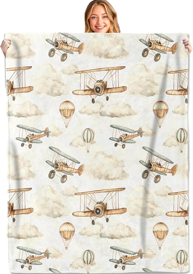 Vintage Aviation Throw Blanket,60x80in,Soft,Lightweight Flannel,Retro Biplane Hot Air Balloon Blankets - Gifts for Kids Boys Girls,Airplane Lovers,For Couch Office Travel,Home Living Room Decor