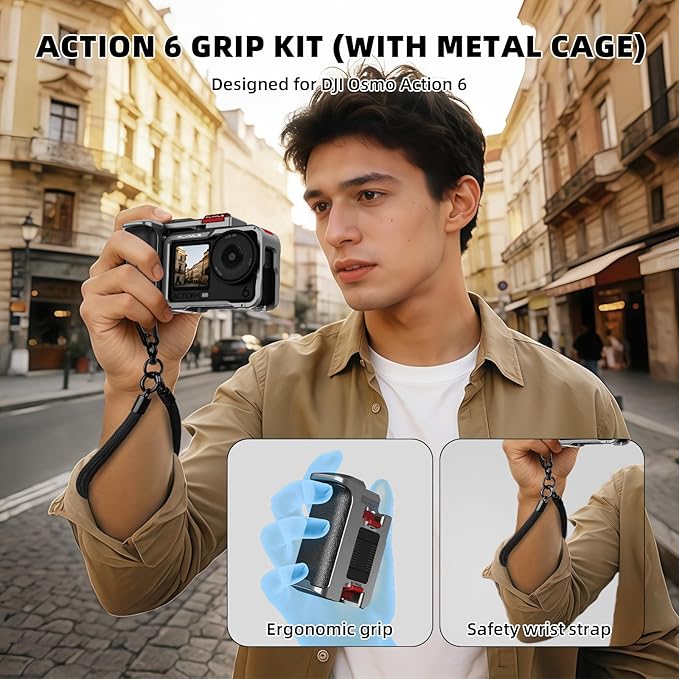Action 6 Grip Kit (with Metal Cage), Aluminum Alloy Camera Handle Bundle Expansion Mount with Shutter Button, Quick Release, Cold Shoe, 1/4" Threaded Hole for DJI Osmo Action 6 Accessories