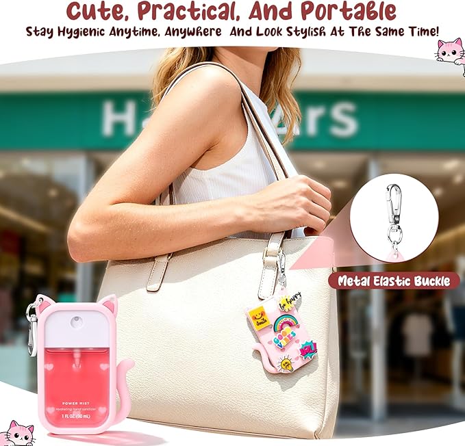 Cat Silicone Case for Touchland Hand Sanitizer Spray with Keychain, Compatible with Power Mist & Glow Mist 1 FL Oz/30ML for Touchland Case, with Charms Accessory Cute Travel Cover Sleeve Pink