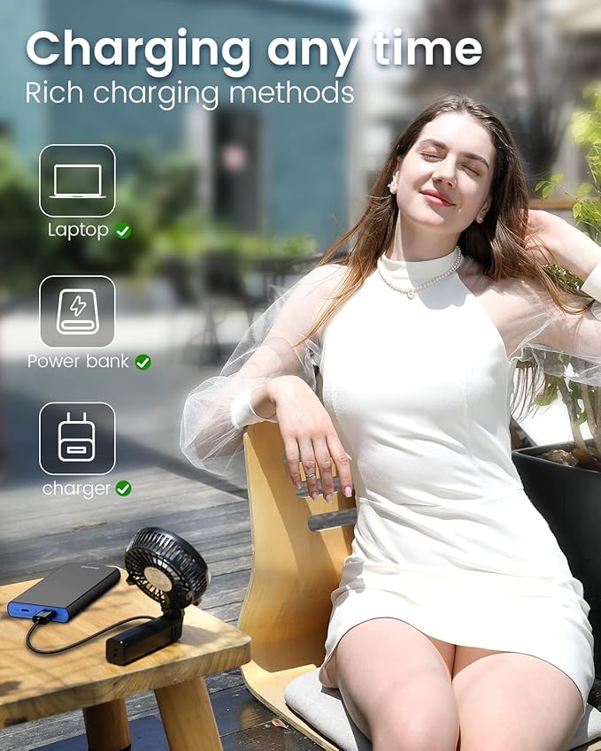 EasyAcc Handheld Fan Portable Rechargeable, Ultra Quiet &180° Foldable & Up 10 Hours & 3 Speeds Powered Personal Battery Foldable Adjustable Fan Home Travel Outdoor Office Black