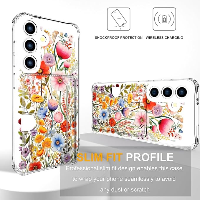 Compatible with Samsung Galaxy S24 / S25 Case Card Holder for Women Cute Design,Wallet Phone Cases Transparent Cool Kawaii Protective (Clear Flowers Lily Girly Florals)