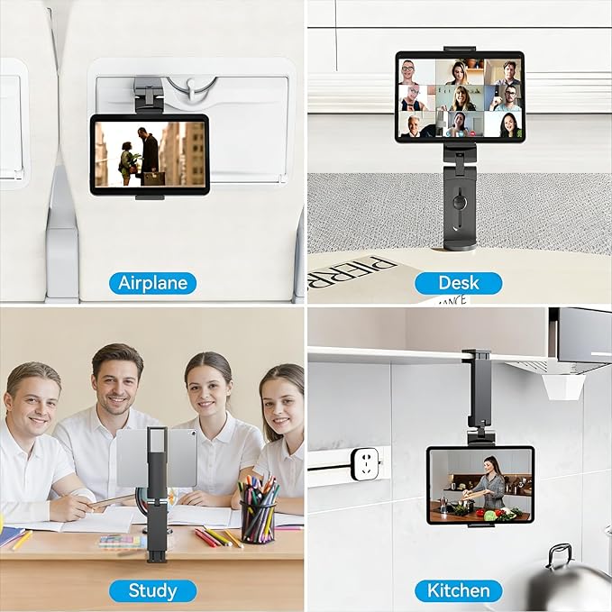 Airplane Tablet Holder Mount, Travel Essential Handsfree Tablet Stand for Flying with Multi-Directional 360 Degree Rotation, Compatible with iPad/Galaxy Tabs (Only Fits 7–11" Tablets)