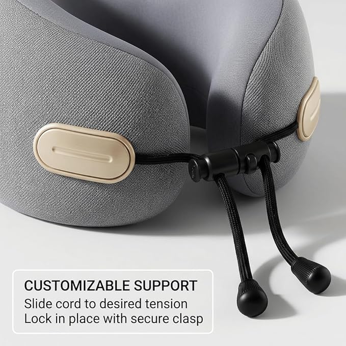 Travel Neck Pillow with Storage Case, 100% Pure Memory Foam, Airplane Head Support for Flight Sleeping, Portable, Gray