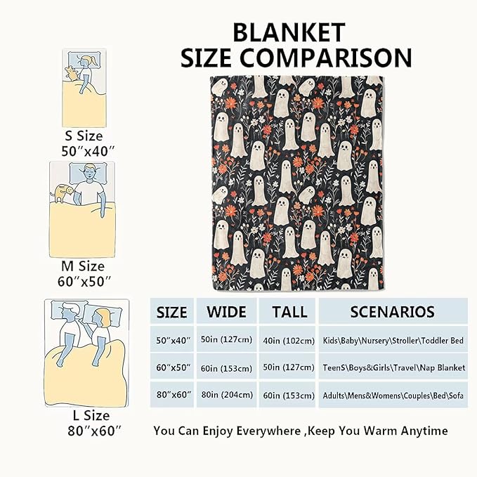 Spooky Ghost Blanket Cute Floral Autumn Flowers Throw Blankets Gifts for Kids Lightweight Soft Fleece Cozy for Sofa Couch Bed Room Travel Birthday Halloween Decor 50x60in