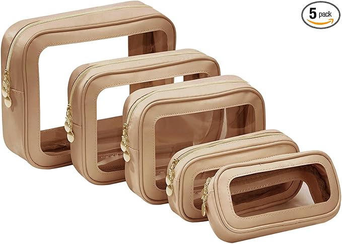 5PCS Diaper Bag Organizer Pouch Set，Clear Organizer Bags,TSA Approved Toiletry Bag,Clear Waterproof Cosmetic Bags with Zipper,Purse Organizer Pouches,Travel Organizer Bags for Woman and Kids Brown