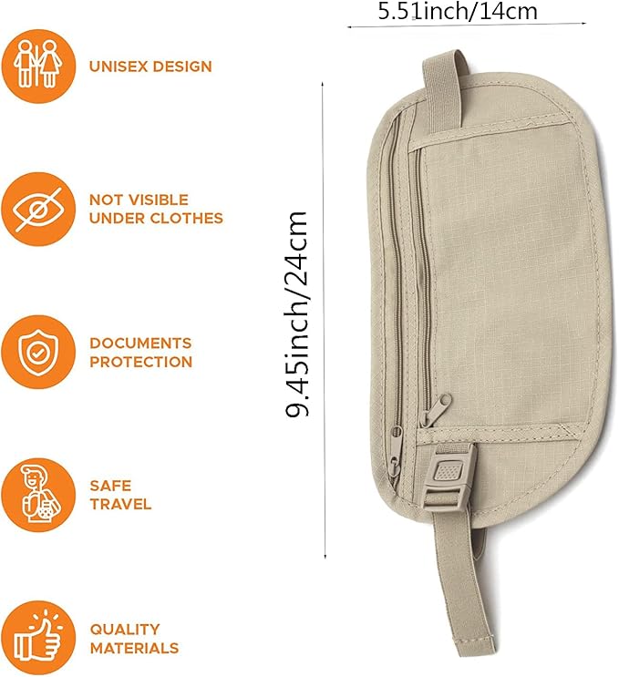 Secure Travel Money Belt, Anti-Theft Passport Holder Travel Wallet for Men Women, Hidden Under Clothes Belt Wallet, Security Travel Pouch, Waterproof Waist Bumbag for Money, Cards and Keys