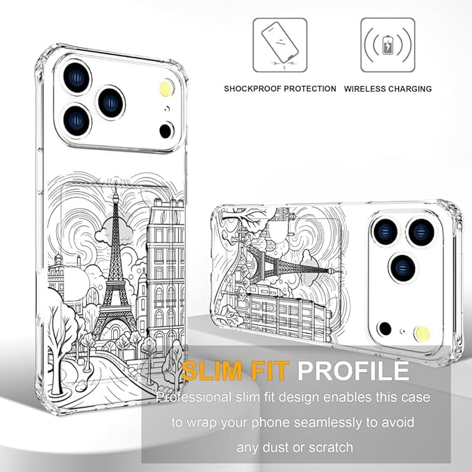 Compatible with iPhone 17 Pro Max Case Card Holder for Women Cute Design,Wallet Phone Cases Transparent Cool Kawaii Protective (Clear Paris City Eiffel Tower)