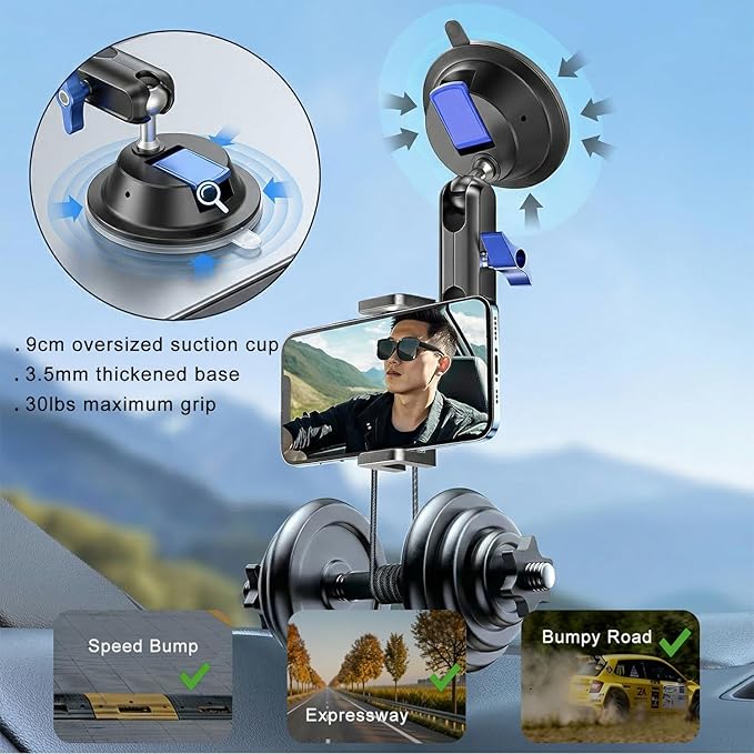 Car Mount for DJI Osmo Pocket 3 4, 30LB Suction Windshield Window Dash Holder Kit w Expansion Adapter & Phone Clip, for Insta360 X5 X4 for GoPro Hero DJI Action 6 5 Pro Nano Accessories