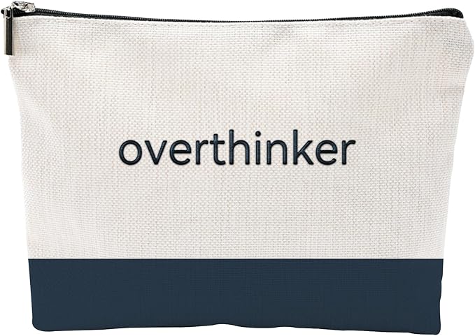 Funny Makeup Bag for Women - overthinker Relatable Quote Pouch - Minimalist Navy Blue Color Block Canvas Cosmetic Organizer - Unique Gift for Best Friend, Introverts & Mental Health Awareness