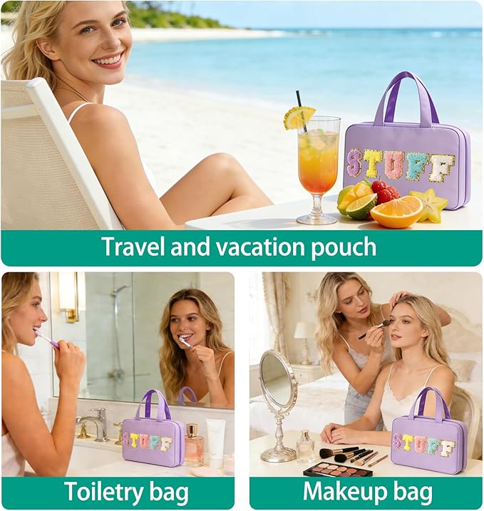 Toiletry Bag for Women Chenille Letter Makeup Bag Water-resistant Cosmetic Bag Travel Bag with Hanging Hook Preppy for Store Toiletries Cosmetic Accessories Medium Purple
