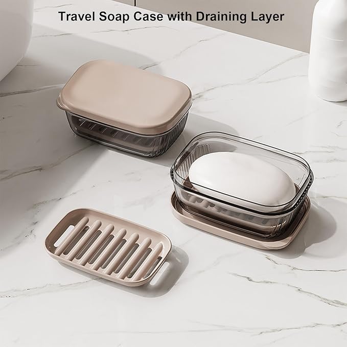 Toothbrush Travel Case & Travel Soap Holder Dish Tray Set of 2, Portable Clear Toothbrush Holders with Cover Leakproof Bar Soap Holder for Traveling School Camping Business Bathroom