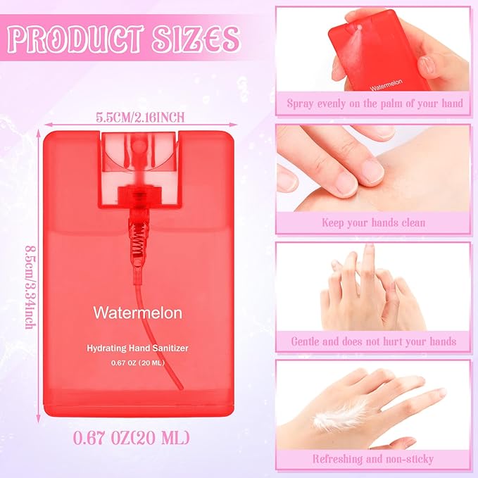 Set of 3 Power Mist Hydrating Hand Sanitizer Spray Bulk Travel Size Portable Hand Sanitizer 0.67 Fl. oz Compact Card Spray Bottle Watermelon Peach Berry Scent for Pocket Bag Purse Car Backpack