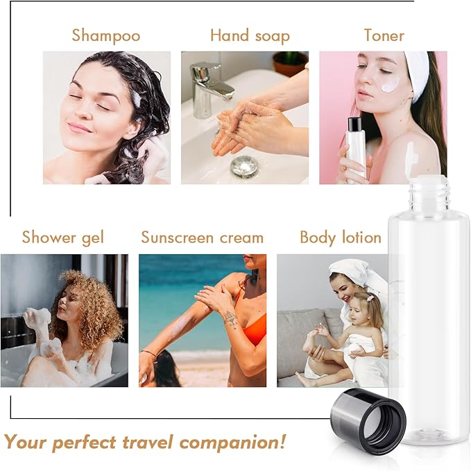 ZEJIA Clear 150ML/5OZ Travel Size Toiletries, 3 Pack Plastic Travel Bottles, Double Leak Proof Travel Size Containers for Shampoo, Lotion, Body Wash, Refillable Empty Travel Bottles with 6pcs Labels