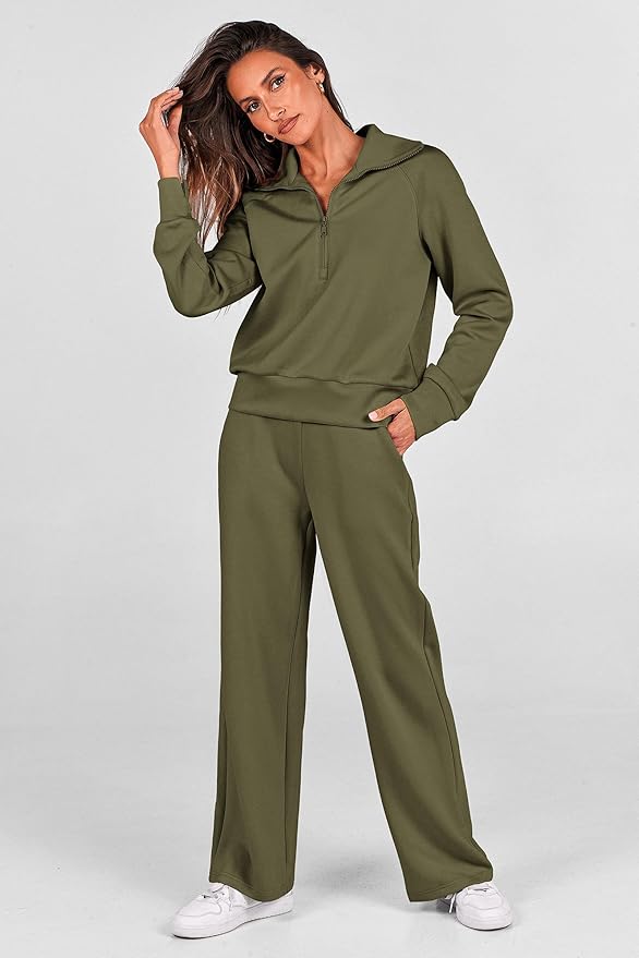 PRETTYGARDEN Women's 2 Piece Outfits Casual Lapel Half Zip Sweatshirts and Wide Leg Pants Tracksuit Sets