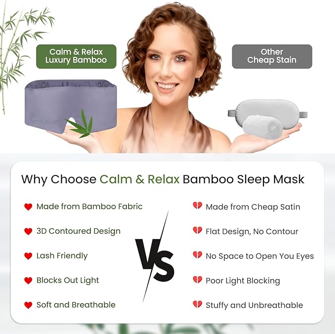 Calm&Relax Bamboo Sleep Mask: 3D Blackout Sleeping Eye Mask for Side Sleepers - Zero Pressure Eye Covers for Travel Airplane(Grey)