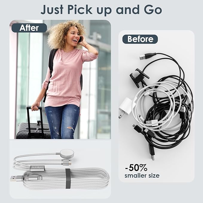 Travel Essentials,Multi Charging Cable for Apple Watch Charger/iPhone Charger/Samsung Charger,Airplane Gadgets RV Essentials for iWatch Ultra/10-2/iPhone 17-11/Samsung S25-S20,airPods,Car-4FT White
