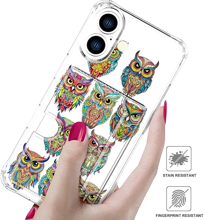 Compatible with iPhone 16 Case Card Holder for Women Cute Design,Wallet Phone Cases Transparent Cool Kawaii Protective (Clear Colorful Owls Cartoon)