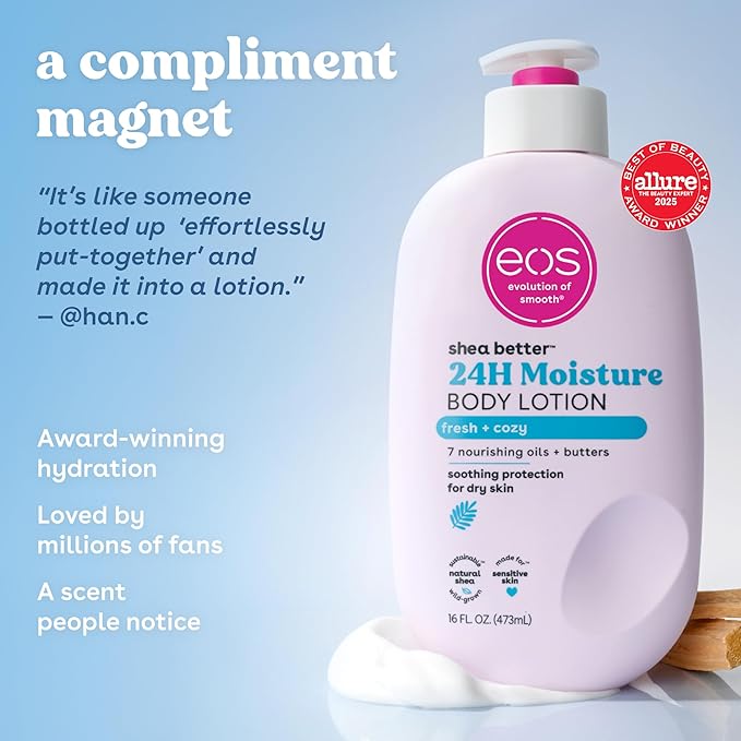 eos 24H Moisture Travel Body Lotion- Fresh & Cozy, Travel Size Essential, Toiletries, Mini Body Lotion, 2.5 fl oz