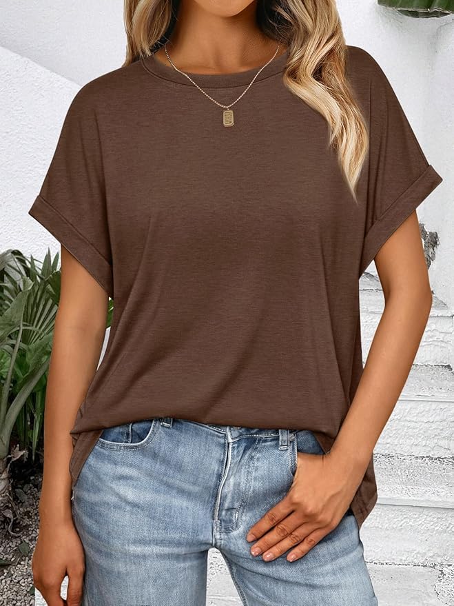 AUTOMET Women's Oversized Short Sleeve T Shirts Casual Drop Shoulder Rolled Cuff Summer Tops for Work, Travel and Lounge