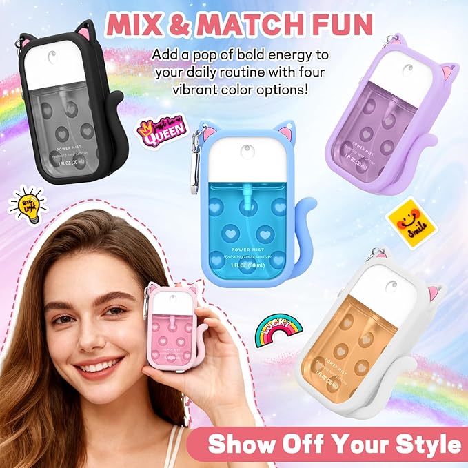 Cat Silicone Case for Touchland Hand Sanitizer Spray with Keychain,Compatible with Mist 1FL OZ/30ML for Touchland Case,4 Cute Charms Accessory sanitizer holder for touchland(1PCS Pink)