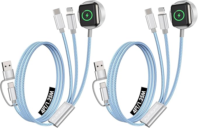 2Pack Travel Essentials for Apple Watch Charger,3 in 2 USB C Cable for Multi Charging Cable Cord,Vacation Camping RV Essentials Portable Designed for iWatch &iPhone 17-11 -4FT Blue