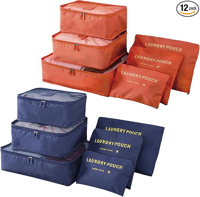 12 Set Packing Cubes for Travel Luggage Packing Bags Reusable Waterproof Suitcase Organizer Bags Set with Shoe Bag and Toiletry Bag (Orange+Navy Blue)