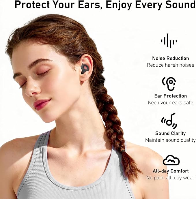 Noise Cancelling Ear Plugs for Sleeping, Concerts, Travel & Couples – Reusable Silicone Earplugs for Noise Reduction & Hearing Protection – 4 Pairs, Black + Black