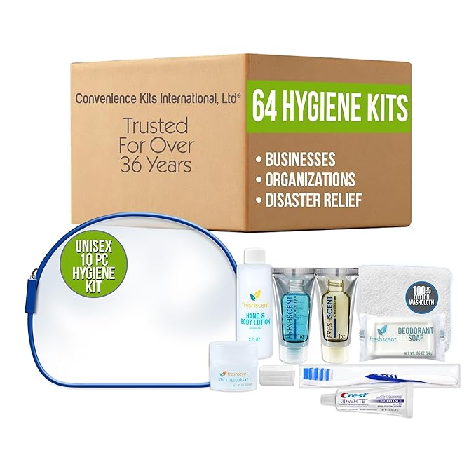 Convenience Kits International Unisex 10 Piece Hygiene Travel Kit with Shampoo, Conditioner, Lotion, Soap, Deodorant, Crest Toothpaste, Toothbrush, Cotton Washcloth (64 Kits)