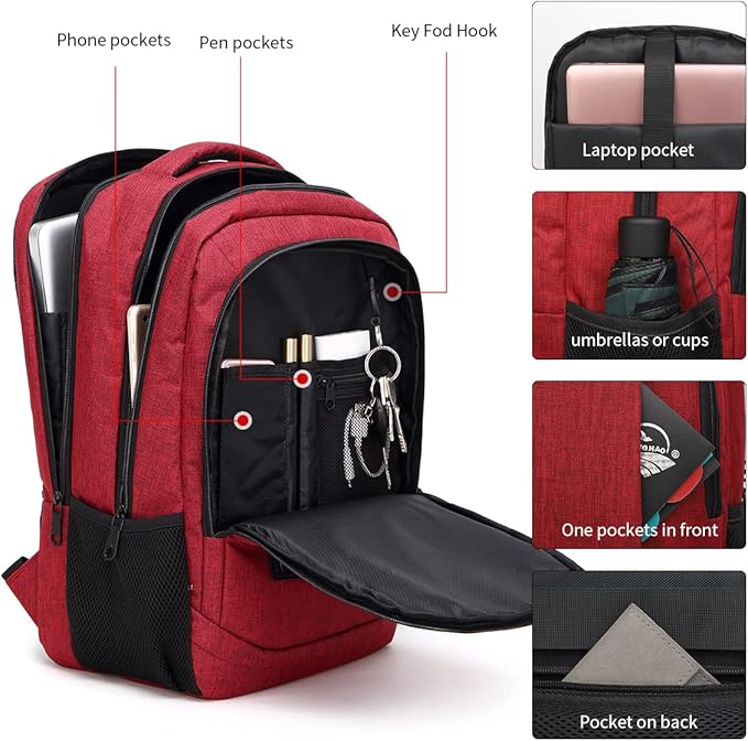 Monsdle Travel Laptop Backpack Anti Theft Backpacks with USB Charging Port, Travel Backpacks Business Work Bag 15.6 Inch College Computer Bag for Men Women, Red