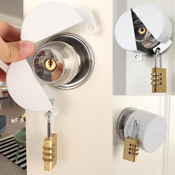 Door Knob with Lock,Without Drilling,Dementia Door Handle Lock，from Outside Prevents Turning of Door Knob and Access to Keyhole,for Apartment Evictions，Childproof (White with Padlock)