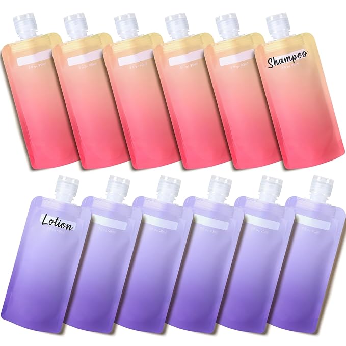 PACKISM 12 Pack Travel Pouches for Toiletries - 3 oz Leak Proof TSA Approved Liquid Containers, Squeeze Bags for Shampoo Lotion, Space Saving Refillable Carriers, Gradient Purple Cherry Yellow