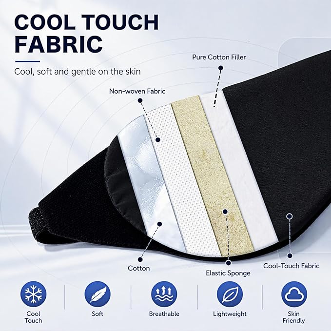 Cool-Touch Cotton Eye Sleep Mask for Men & Women, Soft & Breathable, Pressure-Free Design for Side Sleepers, Adjustable Light Blocking Mask for Sleeping, Travel & Naps (Black)
