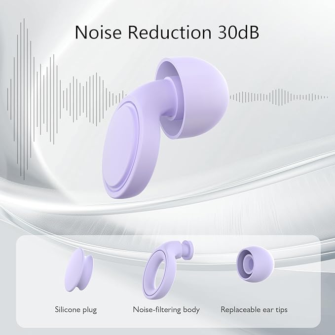 Jayine 2 Pairs Ear Plugs for Sleeping, Soft Full Silicone Ear Plugs for Noise Reduction 25dB, Reusable Hearing Protection Earplugs for Concert, Focus, Noise Sensitivity, 8 Ear Tips in S/M/L - Purple