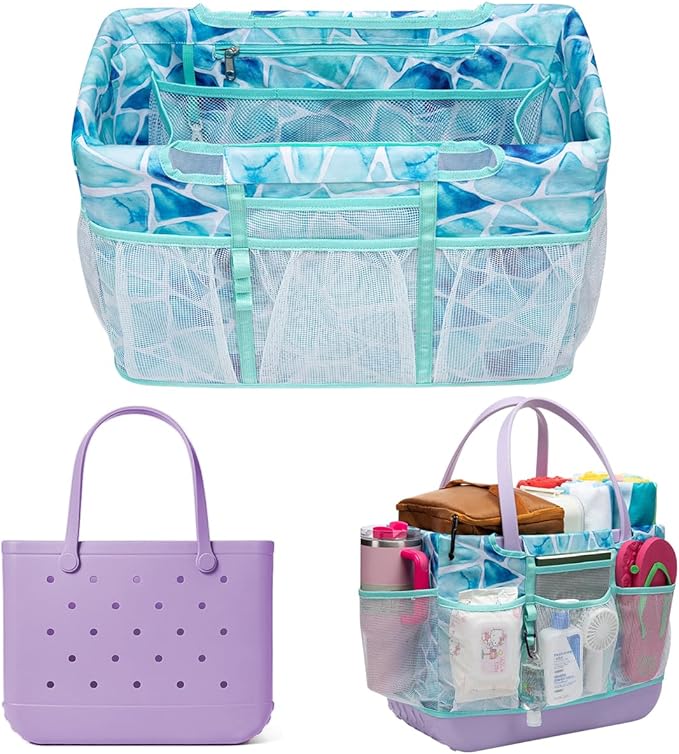 Nyton Organizer Bag Insert for Bogg Bag Inner Liner Pouch for Original Large XL Rubber Tote Zippered Organizer with Pockets for Beach Travel Sports Mom (SEA GLASS, LARGE)