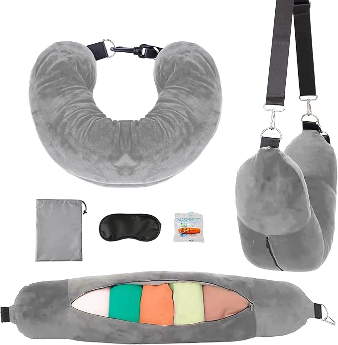 Flight Pillow Stuffed Neck Pillows Storage Bag Adjustable U-Shapes Airplane Pillow with Extra Luggage Soft Car Travel Essentials No Filler Gray