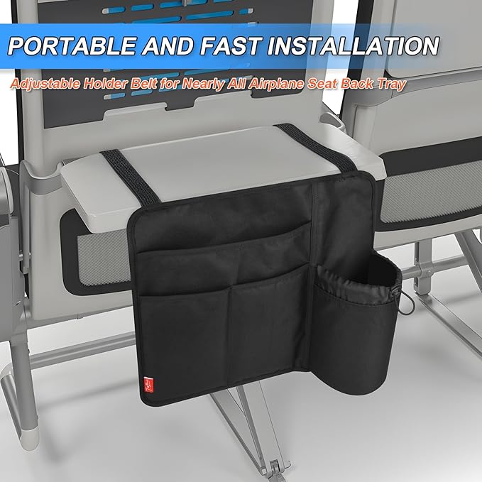 Airplane Seat Back Organizer & Storage, Airplane Tray Table Cover for Personal Items, Airline Seat Hanging Pockets Media Pouch,Reusable Travel Essentials,Fits Tablets,Cell Phone,Water Bottle (Black)