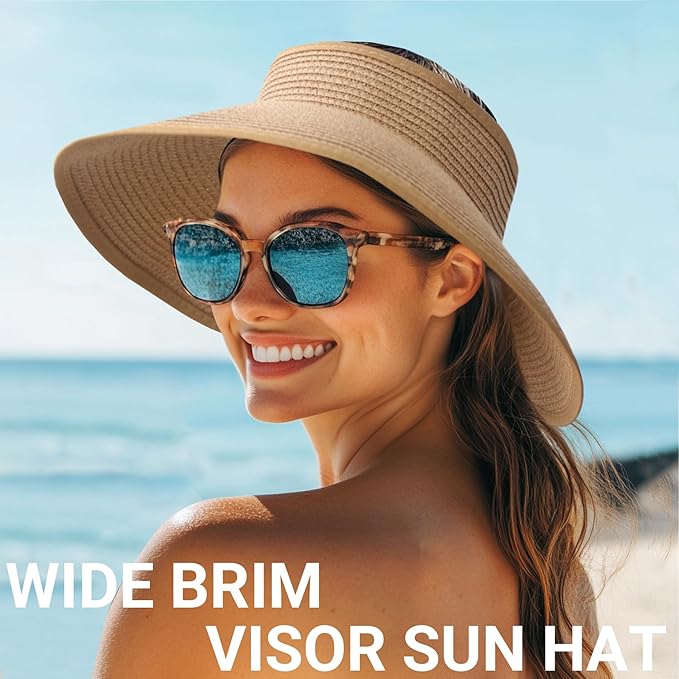 PFFY Sun Visors Hats for Women Wide Brim Straw Visor Packable Foldable Ponytail Travel Beach Hat Vacation Essentials