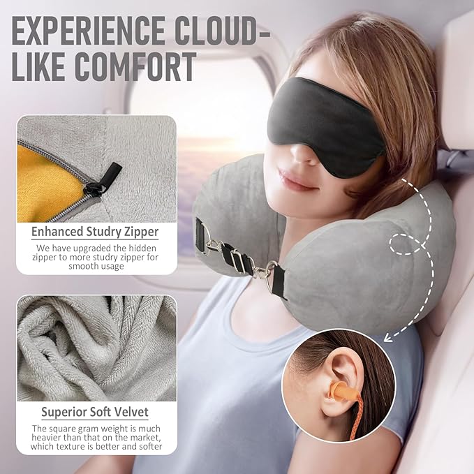 Travel Neck Pillow Stuffable with Clothes, Stuffable Neck Pillow for Travel, Packable Fillable Storage Bag for Airplane Travel, Soft Velvet Neck Pillow Case Cover