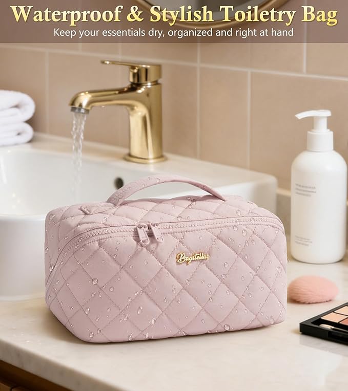 Travel Makeup Bag, 3 Pcs Large Capacity Puffy Toiletry Bag for Women, Open Flat Make up Cosmetic Organizer w/Handle & Clear Divider Water-resistant Portable Pouch Travel Essentials, L-Pink Rose