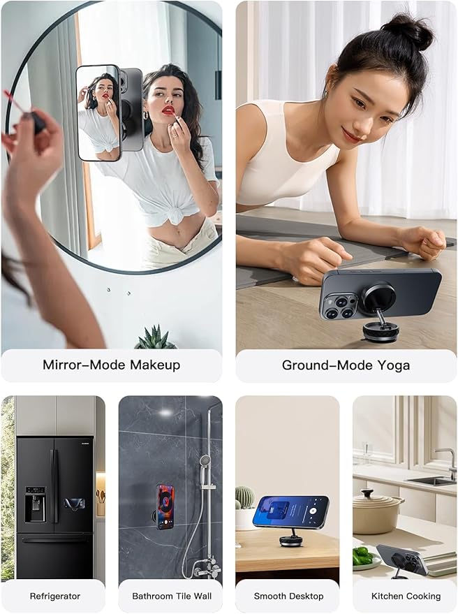 Magnetic Vacuum Foldable Phone Holder - 360°Adjustable, Strong Suction & Nano Adhesive,Alloy Base for Airplane Seatbacks,High-Speed Train Tables,Smooth Surfaces Portable Travel Companion (Black)