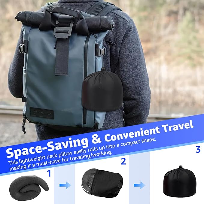 Travel Pillows for Airplanes Ergonomic Memory Foam Neck Pillow for Travel - 360° Head & Neck Support for Sleeping on Flights, Cars, Trains & Office (Dark Gray-2)