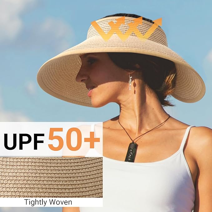 PFFY Sun Visors Hats for Women Wide Brim Straw Visor Packable Foldable Ponytail Travel Beach Hat Vacation Essentials