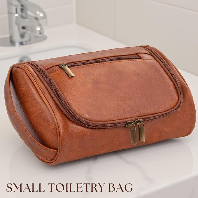 Mens Toiletry Bag, Compact Dopp Kit for Men Travel, PU Leather Shaving Kit, Water-Resistant Minimalist Organizer with Wrist Strap, Travel Toiletry Bag, Gift for Men,Small 9X5.9X3 Inch Brown