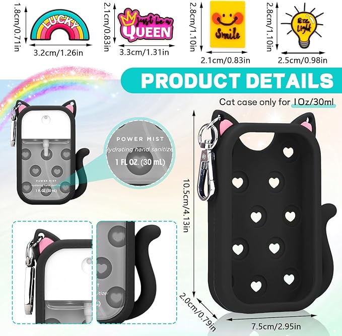 Cat Silicone Case for Touchland Hand Sanitizer Spray with Keychain,Compatible with Power Mist 1FL OZ/30ML,4 Cute Charms Accessory Portable Hand Sanitizer Holder for Touchland(1PCS Black)