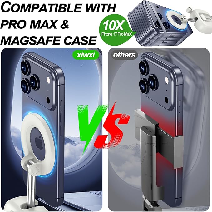 xiwxi Magnetic Airplane Phone Holder with Carabiner Clips - 360° Rotation Phone Mount for Tray Table & Desk, Universal Phone Stand for iPhone, Galaxy, Travel Essentials & Airplane Gadgets