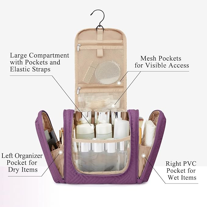 BAGSMART Atlas Travel Toiletry Bag for Women, Hanging Toiletry Bag with Hook, Travel Cosmetic Makeup Bag Travel Organizer for Accessories, Shampoo, Full Sized Container, Toiletries,Purple-Medium