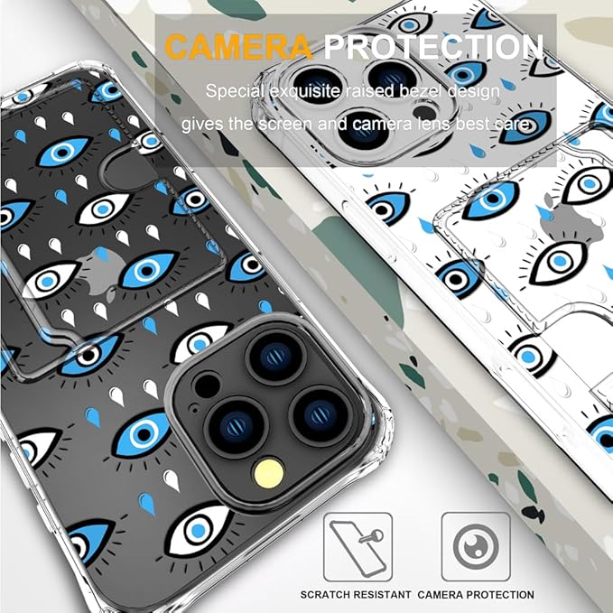 Compatible with iPhone 16 Pro Case Card Holder for Women Cute Design,Wallet Phone Cases Transparent Cool Kawaii Protective (Clear Blue Evil Eyes)