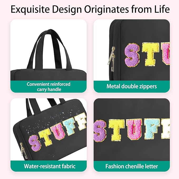 Toiletry Bag for Women Chenille Letter Makeup Bag Water-resistant Cosmetic Bag Travel Bag with Hanging Hook Preppy for Store Toiletries Cosmetic Accessories Medium Black